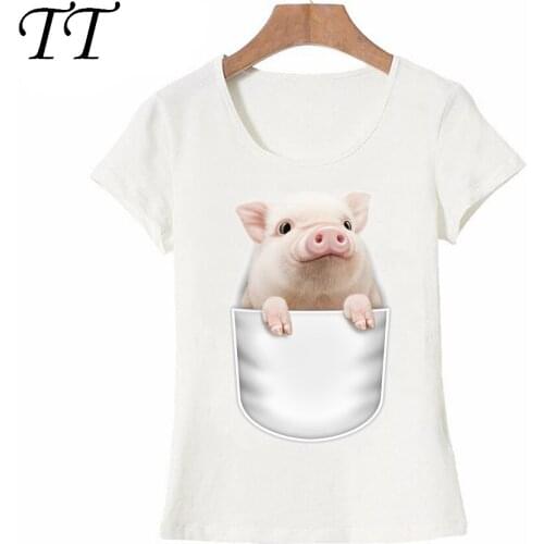 Hipster Pig in Big pocket on the front T-Shirt summer fashion Women t-shirt funny print casual maiden Tops cute female Tees