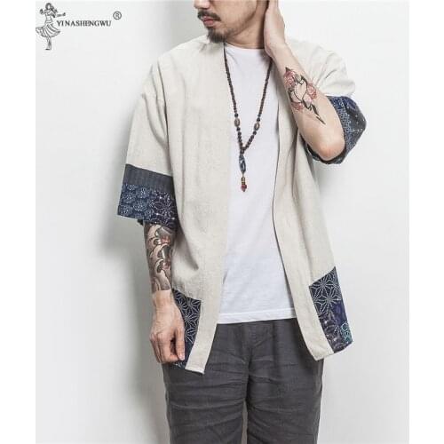 Japanese Samurai Traditional Casual Linen Shirt Jackets Men Chinese Streetwear Kimono Shirt Coat Linen Cardigan Coat Plus Size