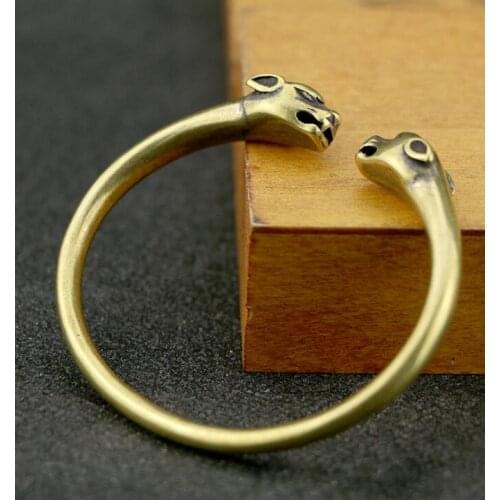 Collection Chinese Brass Carved Animal Double Leopard Head Exquisite Opening Design Bracelet Gift