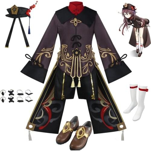 Game Genshin Impact Game Hu Tao Hutao Cosplay Costume Anime Full Set Cloths Wig Hat Halloween Coat Shirt Shorts Accessories New