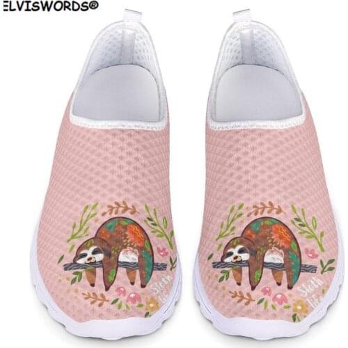 ELVISWORDS Cute Animal Sloth Pattern Flats Spring Women Shoes Casual Sneakers Shoes Woman Slip-on Mesh Air Comfortable Ladies