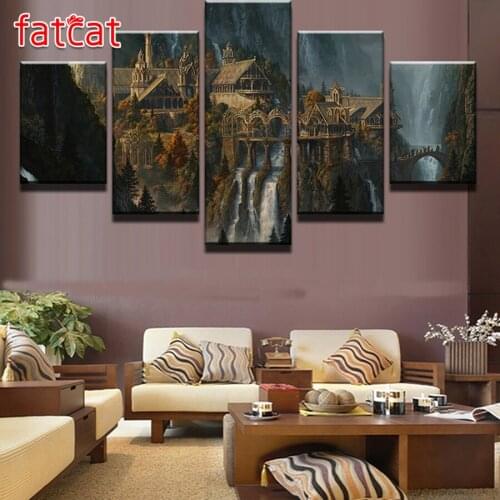 FATCAT Diy Diamond Painting 5 Panel Wonderland Castle Falls Full Square Round Drill Diamond Embroidery Sale Home Decor AE845