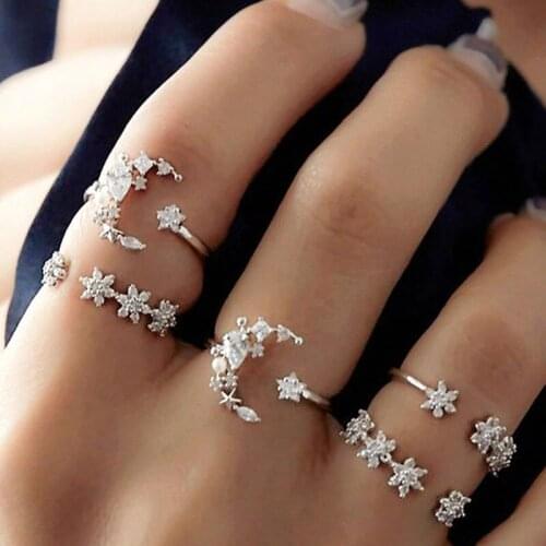 Flower Type Pentagram Star Rings Set For Women Star Moon Crystal Womens Ring Engagement Wedding Rings Jewelry Five-piece