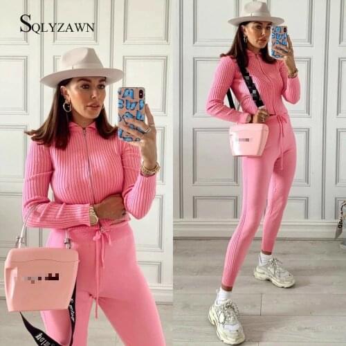 Autumn Fashion 2Pcs Women Clothing Casual Rib Knitted Zipper Long Sleeve Sweater + High Wait Pants Sweatsuit Fitness Active Wear