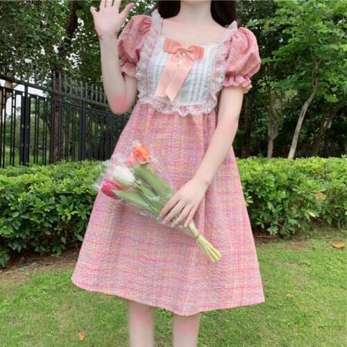 Japanese Bow Lace Square Collar Puff Sleeve High Waist Slim Dress Women 2020 New Summer lolita dress fairy kei princess lolita