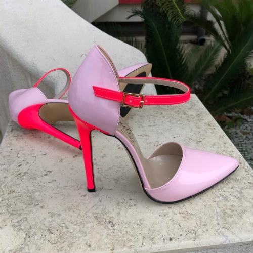 Moraima Snc Sexy Pointed Toe Ankle Strap Stiletto Heels Pink Leather Thin Heels Pumps Summer Cutouts Woman Dress Heels