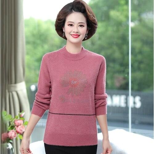 Womens Sweater Bottoming Shirt Imitation Mink Mothers Autumn Winter 2021 New Half Turtleneck Pullover Long-sleeved Knitted Top