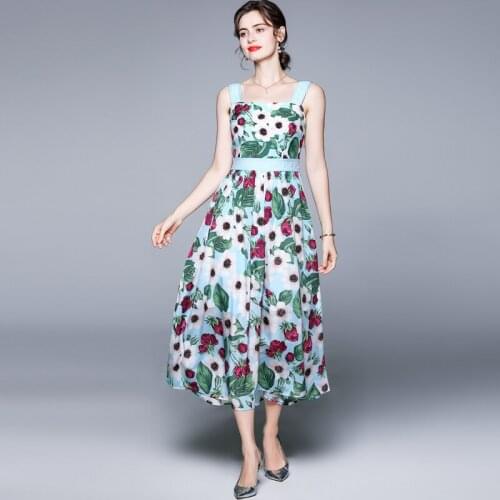 Menahem Runway Tulip Flower Dress 2021 Summer Women Elegant Spaghetti Strap Slash Neck Floral Printed Nail Drill Boho Long Dres