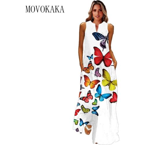 MOVOKAKA Butterfly Print Sleeveless Dress White Summer Casual Holiday Beach Vintage Dresses Woman Party Elegant Long Dress Women