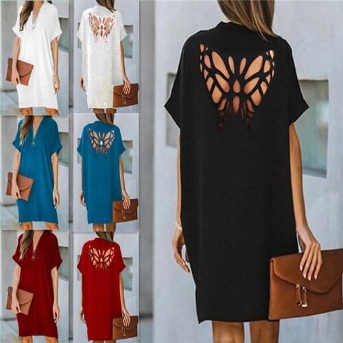 Women Solid Color Dress Short Sleeve V Neck Loose Dress Office lady Hollow Out Butterfly Dresses Clothing Black Casual Backless