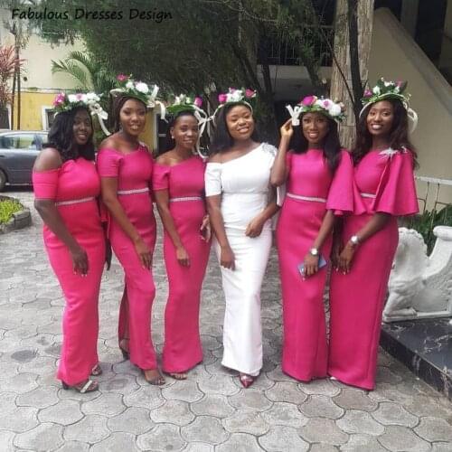 Fashion Fuchsia Mermaid Bridesmaid Dresses Applique Beads Sashes With Split Long Wedding Party V-neck Robe De Soirée De Mariage