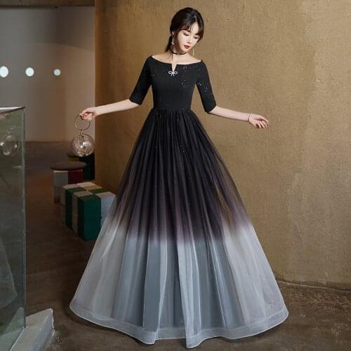 Evening Dress Empire Half Sleeves Elegant Simple Lace Up A-Line Sequins Tulle O-Neck Floor-Length Woman Formal Party Gowns A1392