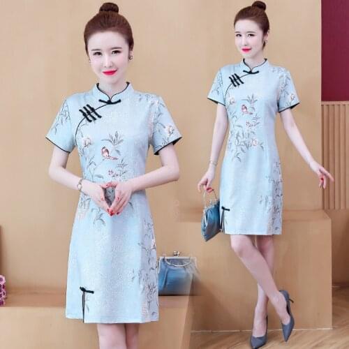 Womens Cute Fashion cheongsam dress Floral short sleeve summer party Elegant Vintage Retro Chinese Slim Casual dresses Clothes