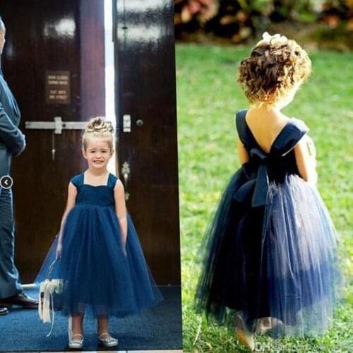 Tulle Princess Ball Gown Flower Girl Dresses for Weeding Kids Navy Blue Bow Children Dresses Long Vestido De Fiesta De Boda