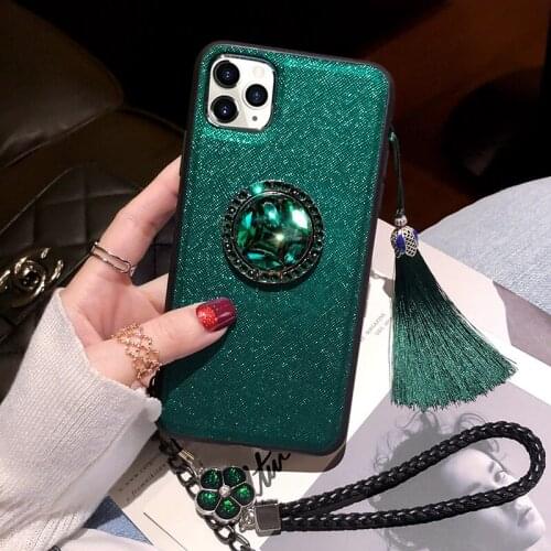 With 360 Diamond Phone Ring Green Rhinestone Strap Tassel Case For iPhone 11 Pro Max X XR XS 6 6s 7 8 Plus Case Glitter Bling