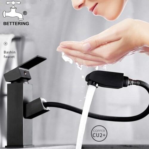 Black Bathroom Kitchen Basin Faucet Single Handle Pull Out Spray Sink Tap Hot And Cold Water Stream Deck Wash Tap Mixer Crane