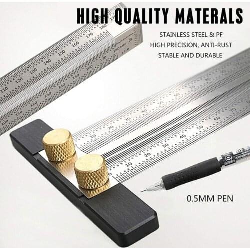 Woodworking Marking T-Rule Scale Ruler T-Type Hole Ruler Stainless Scribing Mark Carpenter Line Gauge Carpenter Measuring Tool