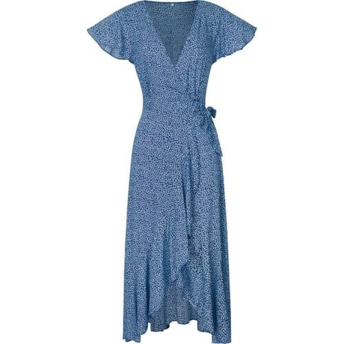 Soft and breathable Dresses Bohemian Wrap Floral Printed Cotton V Neck Short Sleeve Ethnic Style Tie Closure Beach Maxi Dress