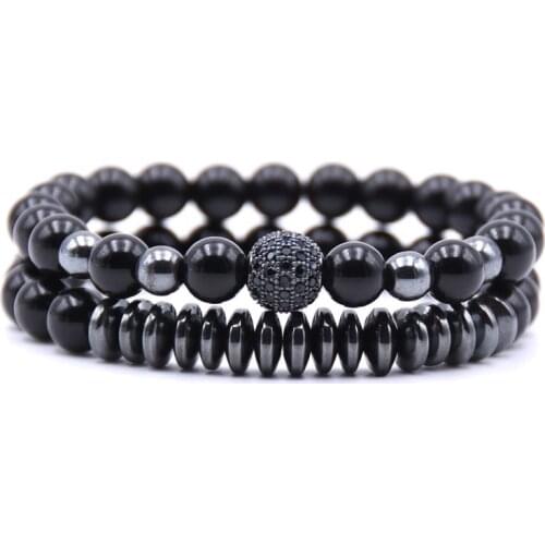 NCRORCN 2pc/set Micro Pave CZ 10mm Disco Ball Charms Bracelets for women 8mm black Matte stone Bracelet men jewelry bileklik