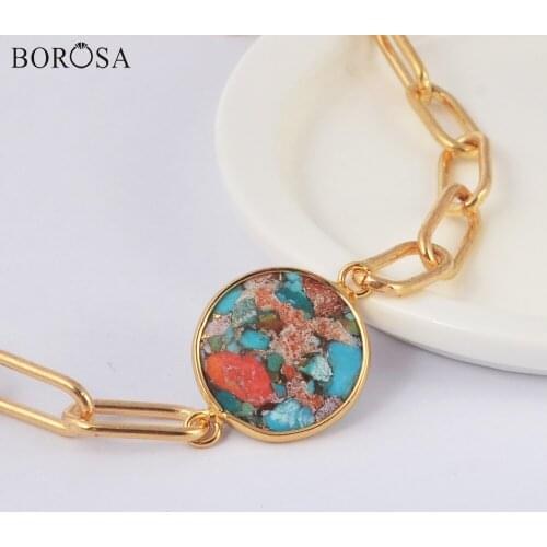 BOROSA Natural Coral Turquoises Gold Link Chain Necklaces Women Fashion Gems Stone Connector Metal Choker Necklace Jewelry G2008