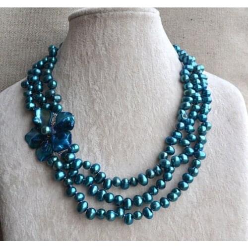 New Arrival Wedding Pearl Necklace Teal Shell Flower 3Row Baroque Real Freshwater Pearl Necklace Handmade Choker Fashion Jewelry