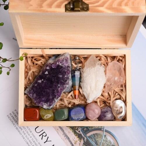 11 Pcs Natura Stone Pendant Colorful Amethyst Agate Mineral Jewelry Seven Chakras Energy Quartz with Wooden Box for Gift