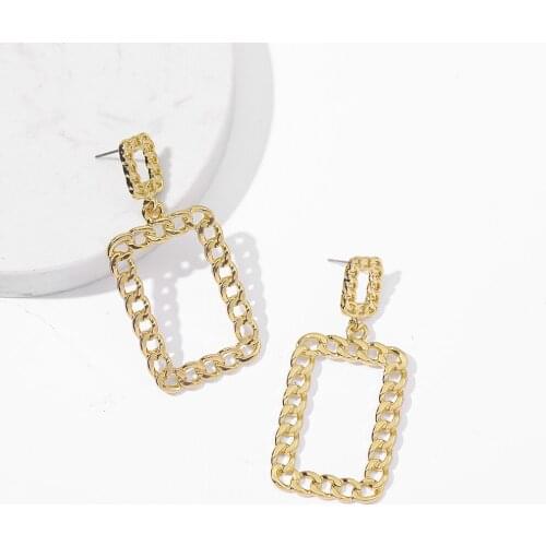 Gold Color Flat Link Chain Geometric Dangle Earrings for Women Fashion Statement Rectangle Earring Simple Jewelry