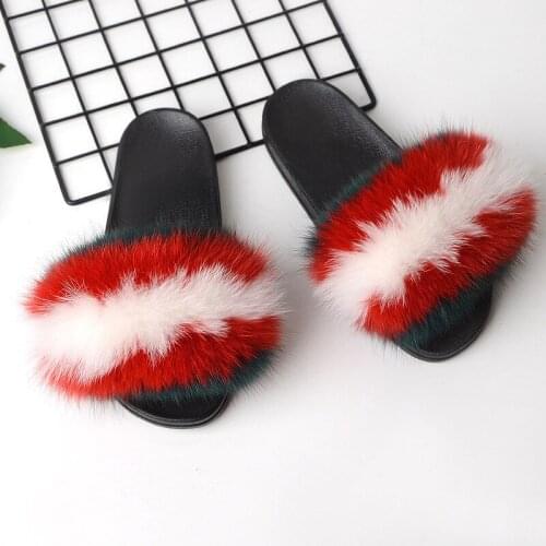 Summer Women Real Fox Fur Slippers Ladies Fashion Cute Fluffy Slides Female House Soft Sandals Plush Flip Flops Home Furry Shoes