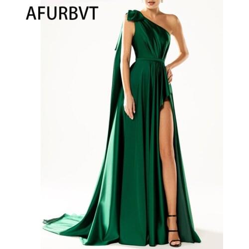 One Shoulder Padded Sexy Split fork Satin Maxi Dress Womens Evening Party Dress Gown with Ribbon Royal Green Draped Long Dress