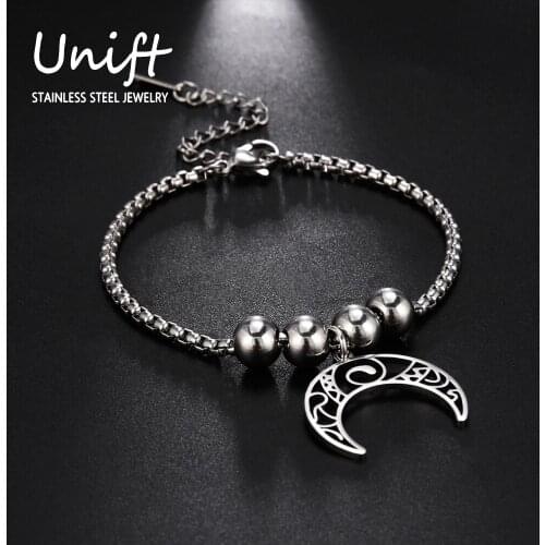 Unift Vintage Witchcraft Rune Moon & Beads Bracelet for Women Stainless Steel Bangle Wicca Punk Party Jewelry Birthday Gifts