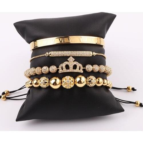 High Quality New Design Fashion CZ Pave Queen Crown Charm Stainless Steel Roman Bangle Luxury Adjustable Bracelet Set Women