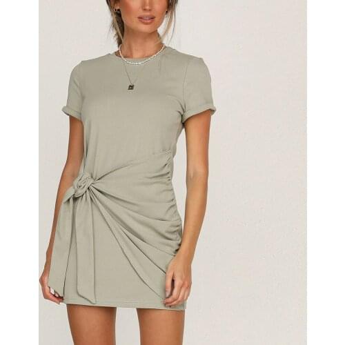 Women Short Sleeve O-neck Lace Up Design Bow Decor Mini Dress Summer Solid Casual Slim Package Hip Bodycon Pencil Vestidos Femme