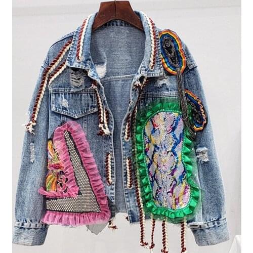 WomenS Hip Hop Denim Jackets Patchwork Print Frayed Imitate Diamonds Jean Coats Fashion Vintage Streetwear Джинсовая куртка