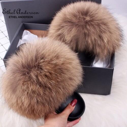 Ethel Anderson Womens Furry Slippers Popular Real Fox Hair Casual Slides Plus Fur Summer Sandals