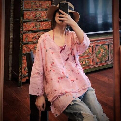 Women Loose Ramie Printed V neck Jackets Ladies Loose Coat Female Short Outerwear Female 2020 Summer Jacket