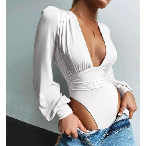Sylcue Summer european and American wind small sexy V neck waist show figure bubble sleeve jumpsuit women all-match T-shirt