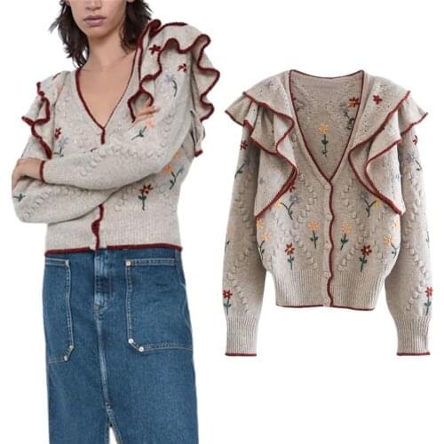 Za 2020 Autumn Embroidered Vintage V-neck Knitted Sweater Ladies Retro Ruffled Long-Sleeved Cardigan Ladies Casual Loose Sweater