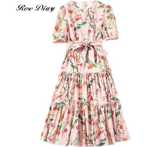 2021 Summer Pink Puff Sleeve Sashes Holiday Beach Dress Women Flower Printed Elegant Layer Ruffles Pleated Midi Vestidos