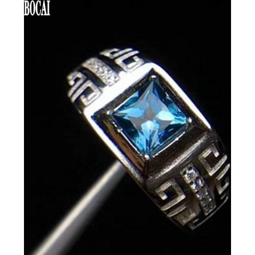 2020 new 100% real s925 pure silver accessories blue 5mm*5mm topaz ring fashion square fashion men ring