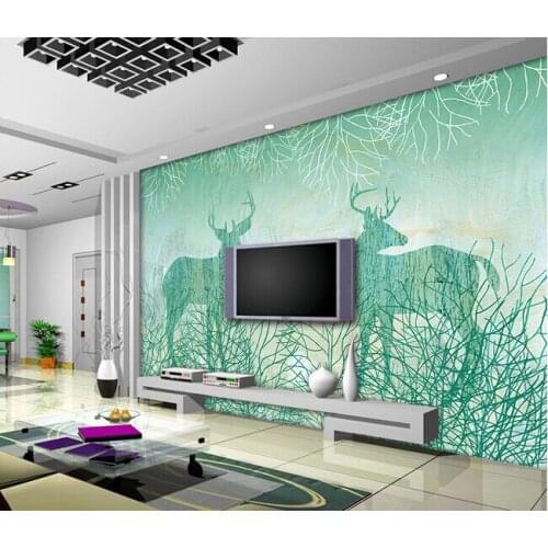 The custom 3D murals,3 d blue retro abstract hand drawn cartoon tree elk ,living room sofa TV wall bedroom wall paper