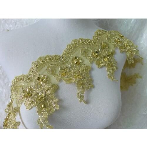 5 Yards Scallop Gold Alencon Lace Trim With Beads And Sequins Embroidered Leaf Mesh Lace 13cm Wide