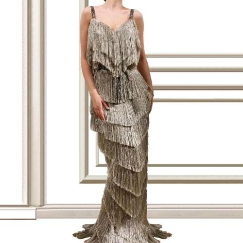 Arabic Formal Lady Dress V-Neck Evening Dress Spaghetti Strap Champagne Color Tassel Sequins Sleeveless Full-Length Prom Dress