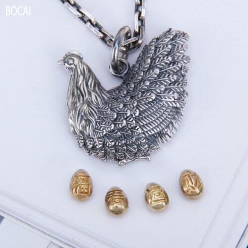 BOCAI New Solid s925 silver retro personality zodiac chicken golden egg lettering good luck and longevity Man and Woman pendant