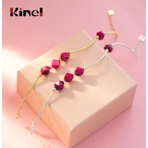 Kinel Natural Stone Rose Red Bracelet for Women Geometric Section 925 Sterling Silver Chain Bracelet Anti-allergy Jewelry