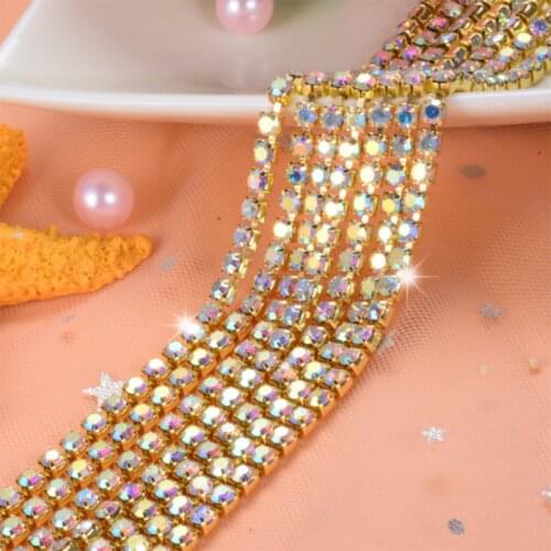 Crystl AB DIY Rhinestone Chain Dense Gold bottom Base Claw Crystal Rhinestone Chain sew on Hand Craft Clothing Art Decoration