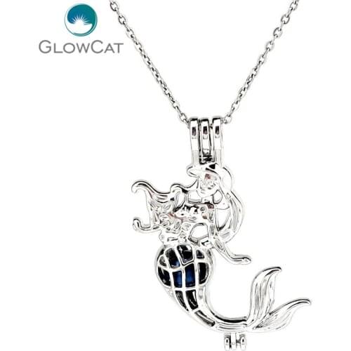 K1166 Silver Alloy Fairy Tale Mermaid Pearl Cage Pendant Chain Aroma Essential Oil Diffuser Locket Necklace