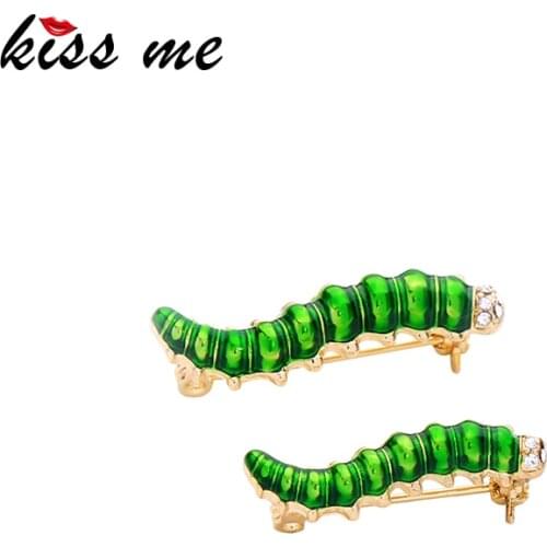 Kissme Two Pieces One Set Cute Insect Green Enamel Crystal Caterpillar Brooches For Women Gifts Gold Color Fashion Sweater Pins