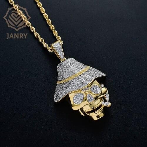 JANRY Pirates Of The Caribbean Skull Pendant Necklace Hip Hop Zircon Gold Necklace With 60cm Stainless Steel Rope Chain For Men