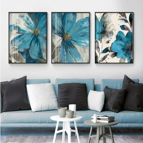 3 Pieces Watercolor Blue Flowers Poster Wall Art Canvas Painting Modern Nordic Print Wall Pictures for Living Room Home Decor