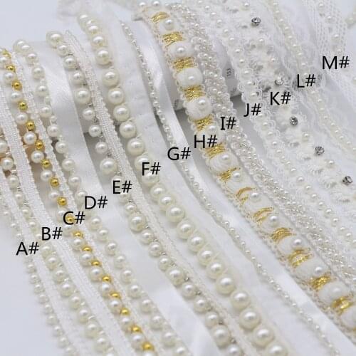 10Yards White Gold Beading Pearl Trims Beaded Ribbon For Sewing Clothing Collar Headdress Accessories Black Mesh Lace Decoration